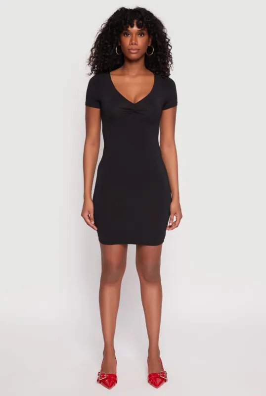 Crepe Knit V Neck Twist Front Mini Dress sold by Rainbow