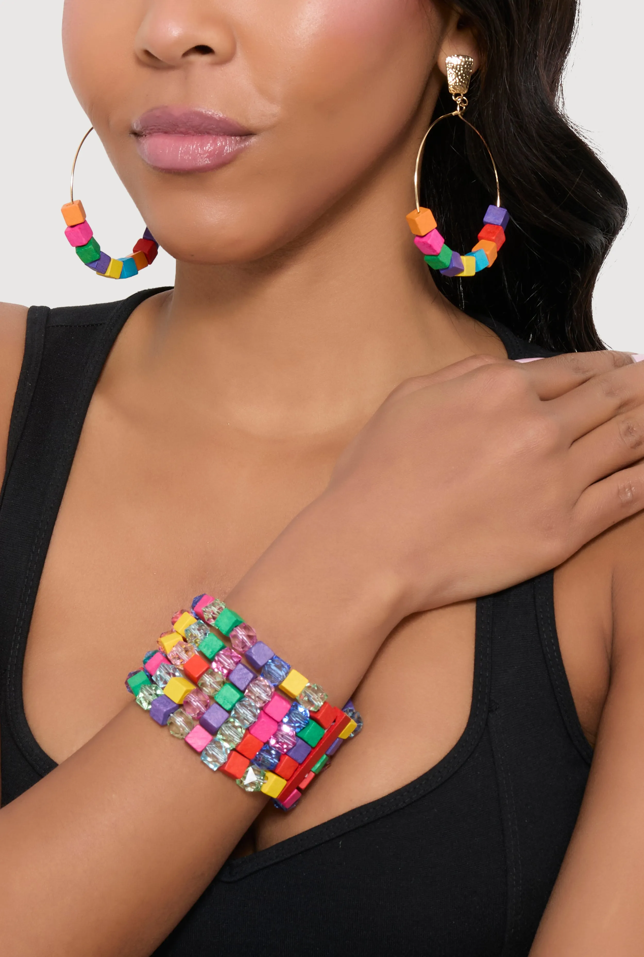 Beaded Layered Stretch Bracelet and Hoop Earrings sold by Rainbow product image thumbnail 2