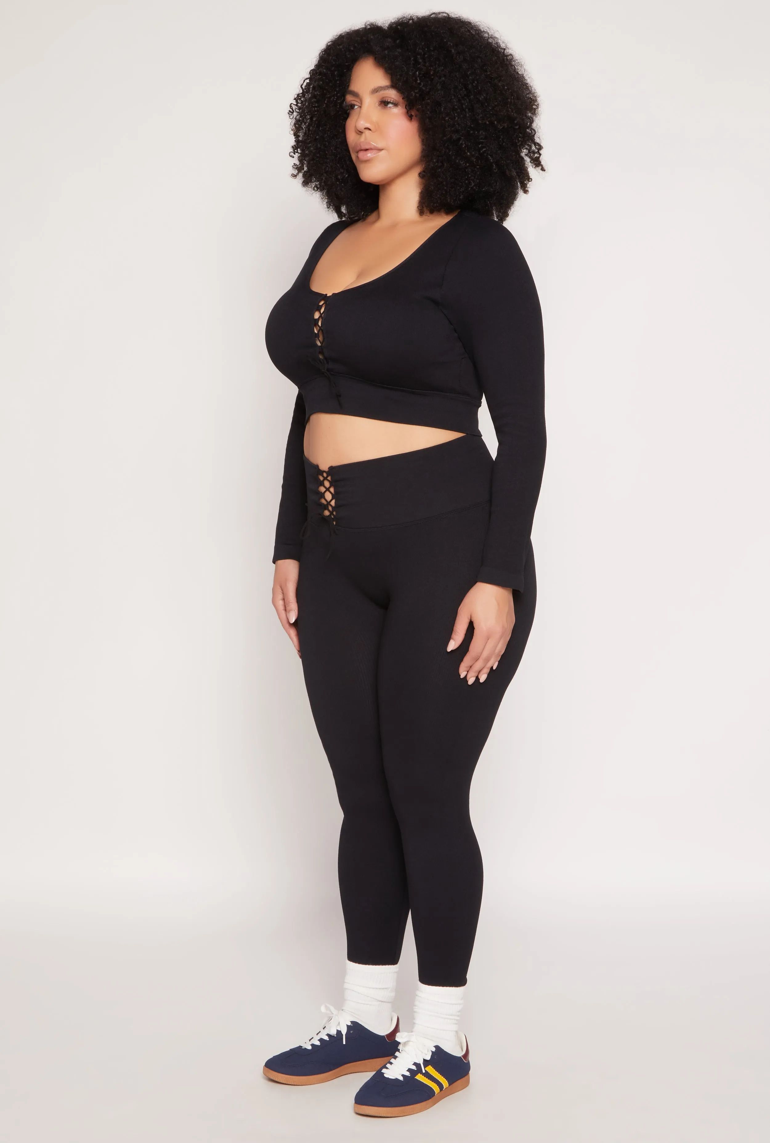 Plus Size Seamless Lace Up Long Sleeve Crop Top sold by Rainbow product image thumbnail 3