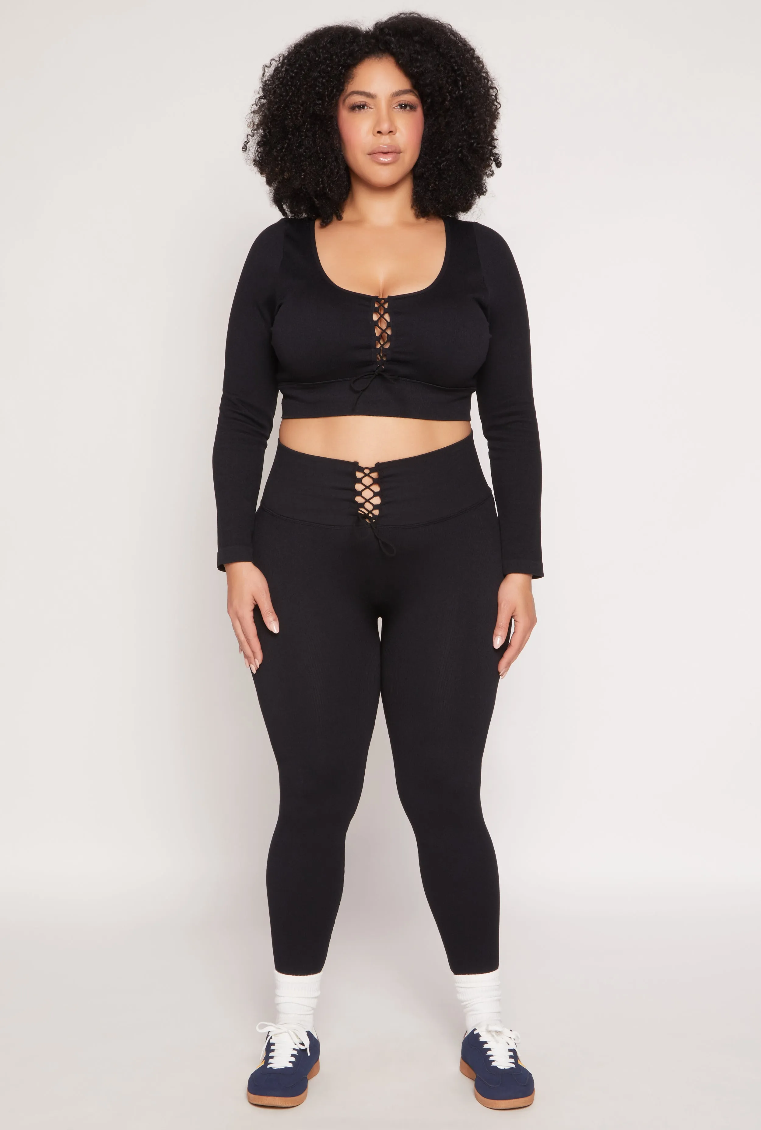 Plus Size Seamless Lace Up Long Sleeve Crop Top sold by Rainbow product image thumbnail 2