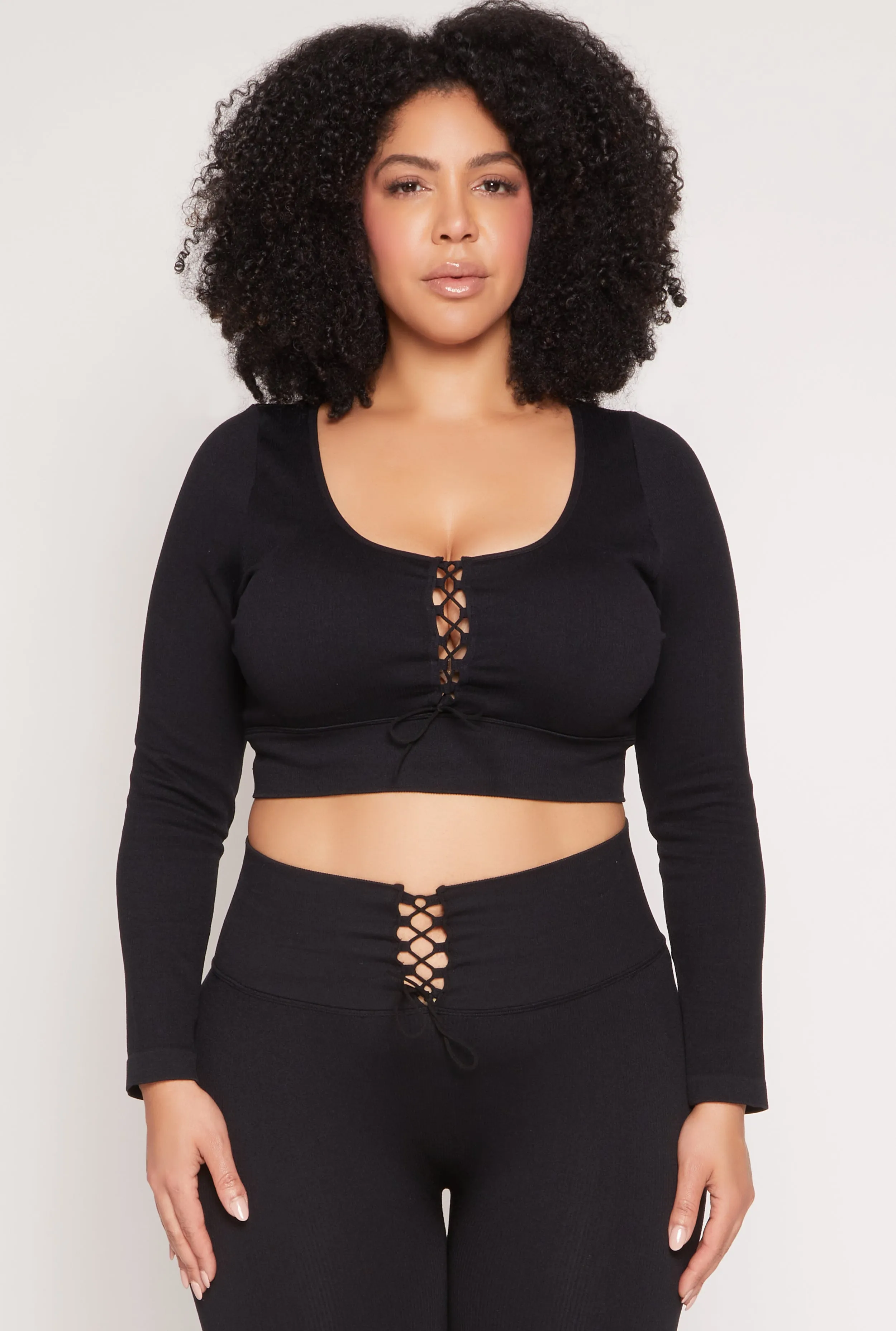 Plus Size Seamless Lace Up Long Sleeve Crop Top sold by Rainbow