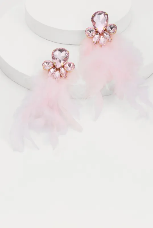 Rhinestone Long Feather Drop Earrings sold by Rainbow