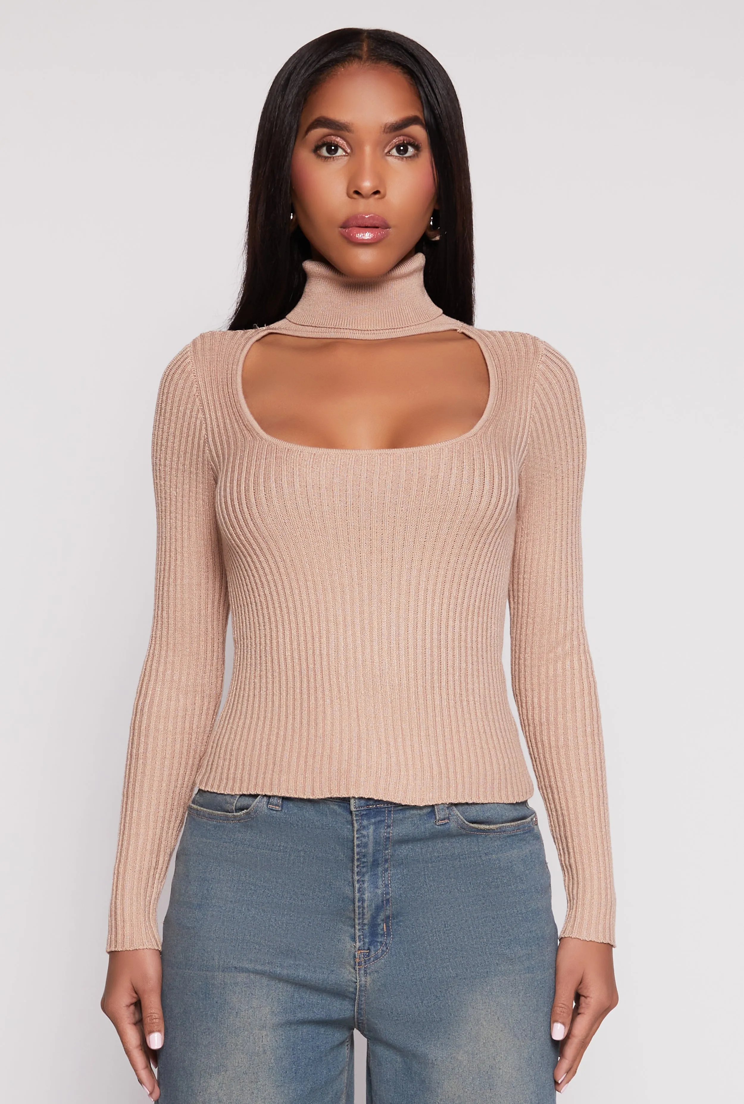 Ribbed Knit Cut Out Turtleneck Sweater sold by Rainbow product image thumbnail 2