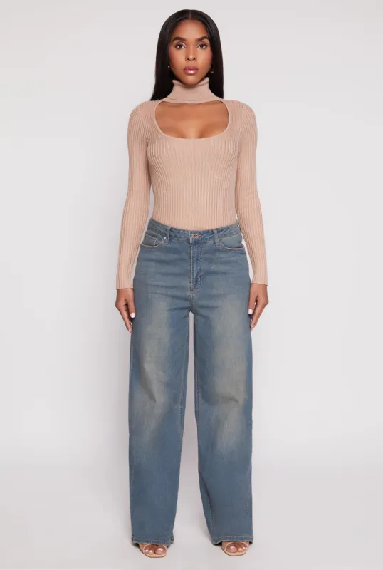 Ribbed Knit Cut Out Turtleneck Sweater sold by Rainbow