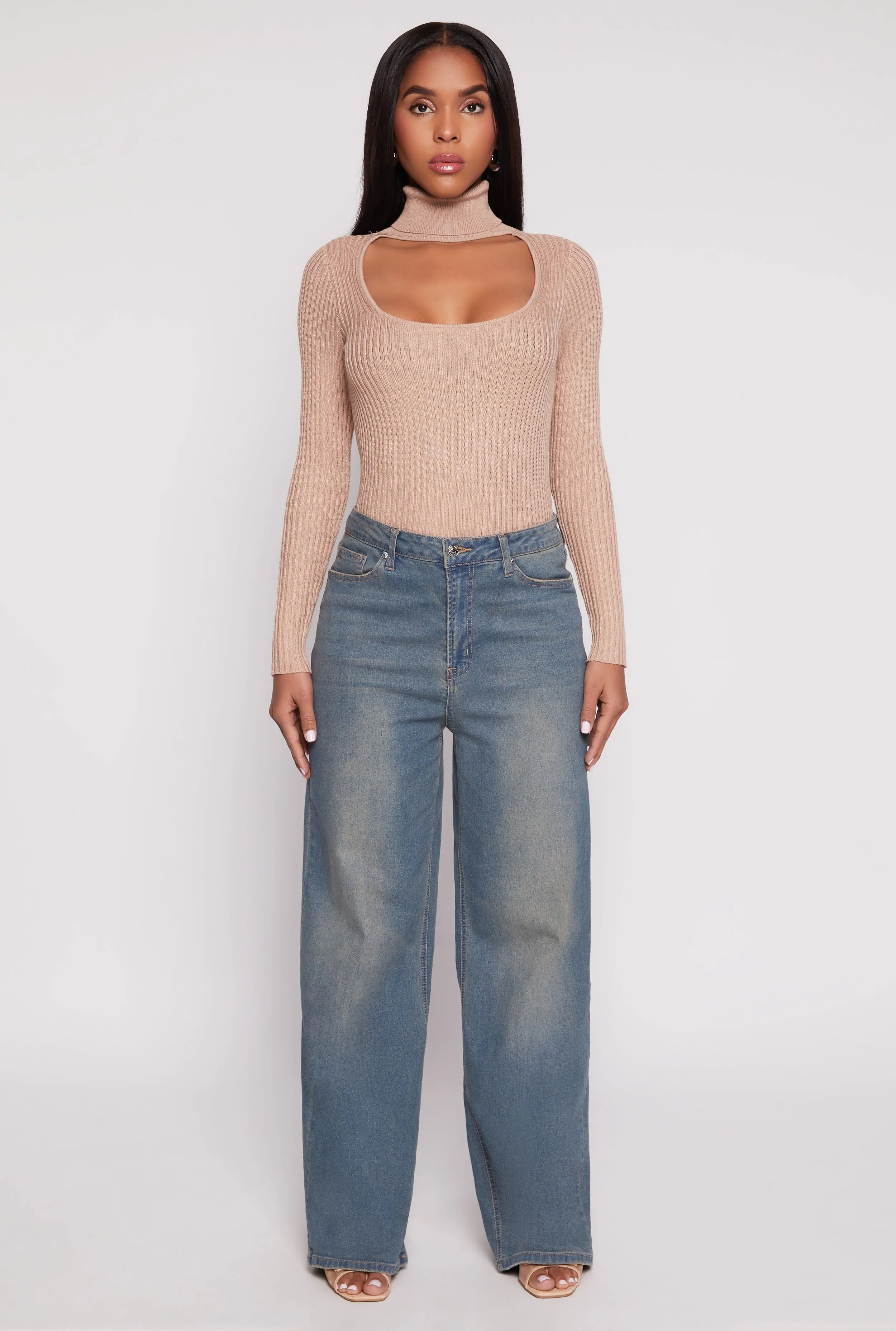 Ribbed Knit Cut Out Turtleneck Sweater sold by Rainbow