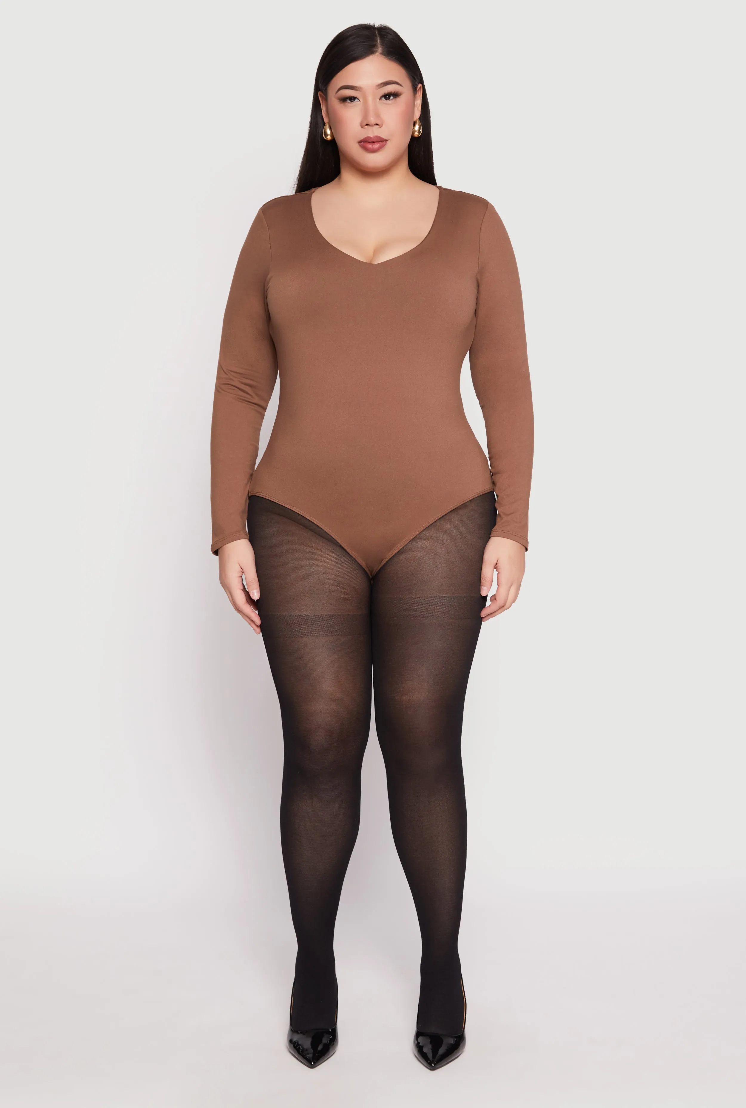 Plus Size Long Sleeve V Neck Bodysuit sold by Rainbow
