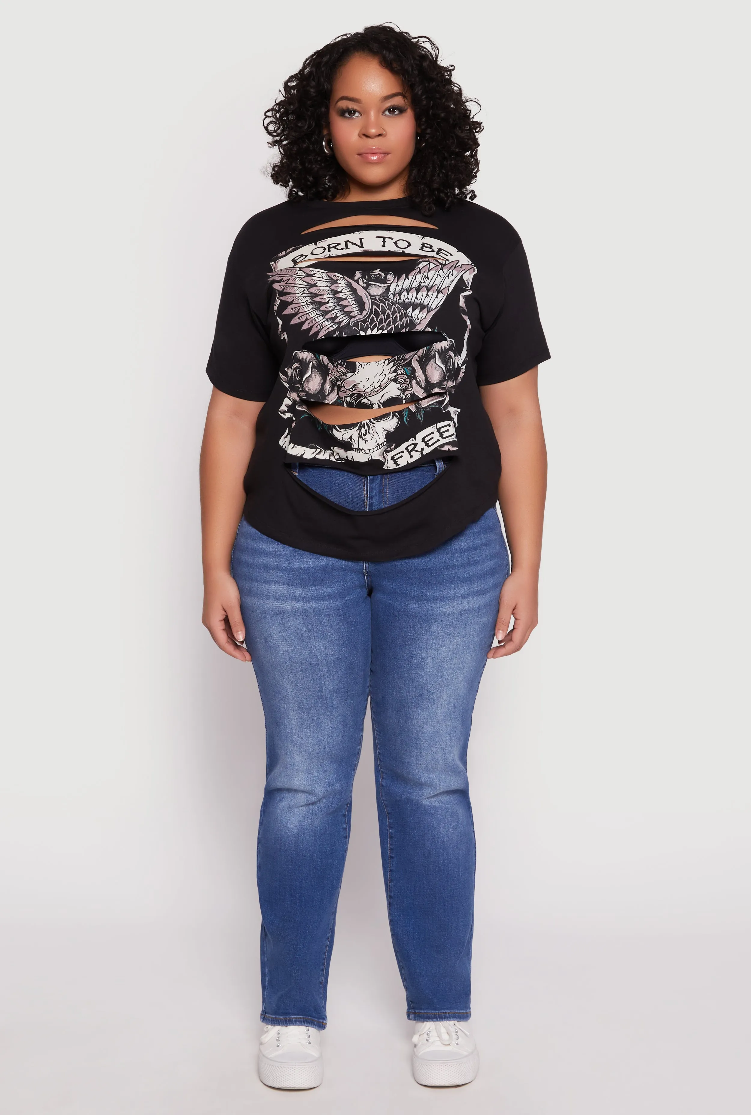 Plus Size Slashed Born To Be Free Tee sold by Rainbow