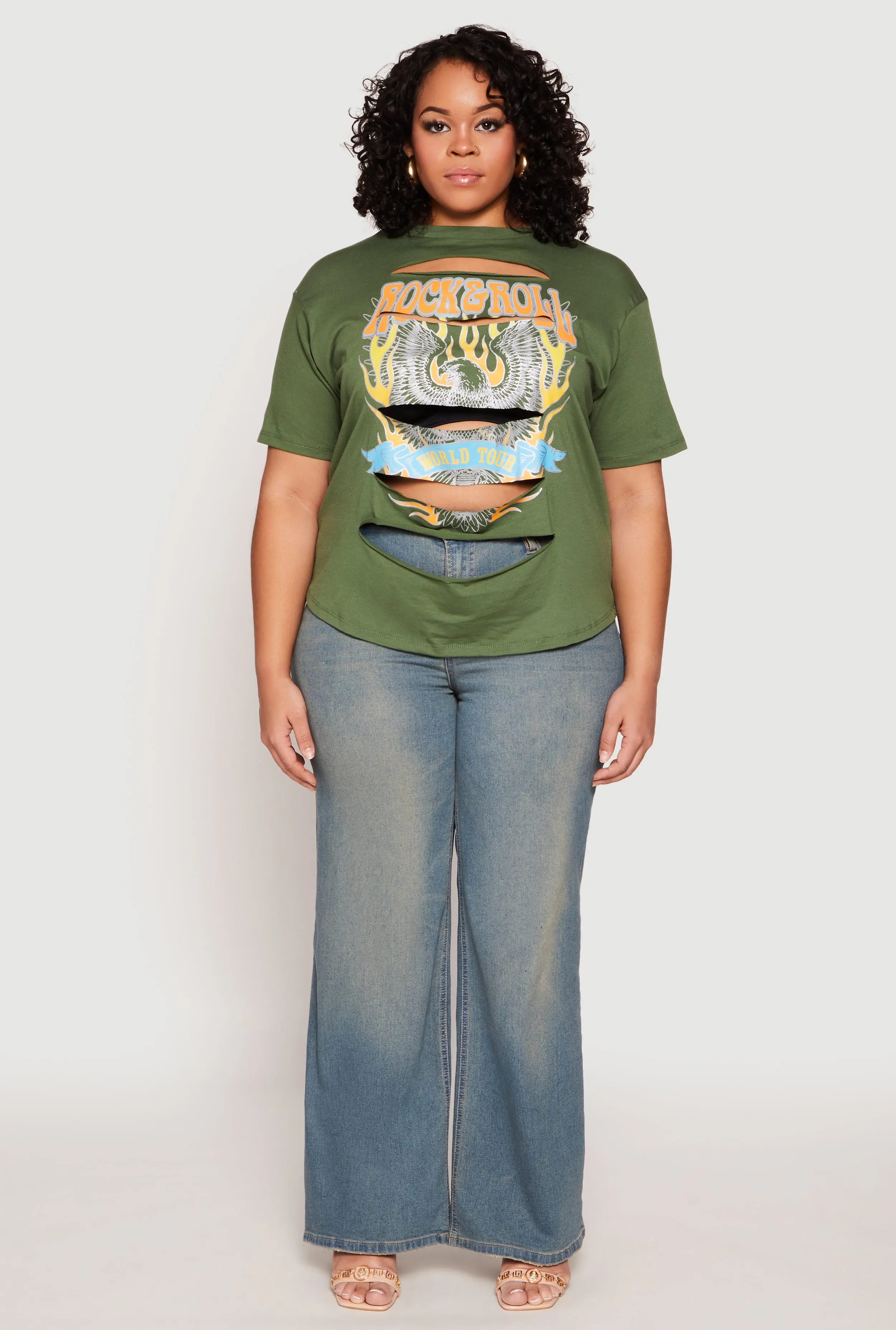 Plus Size Slashed Rock And Roll World Tour Tee sold by Rainbow