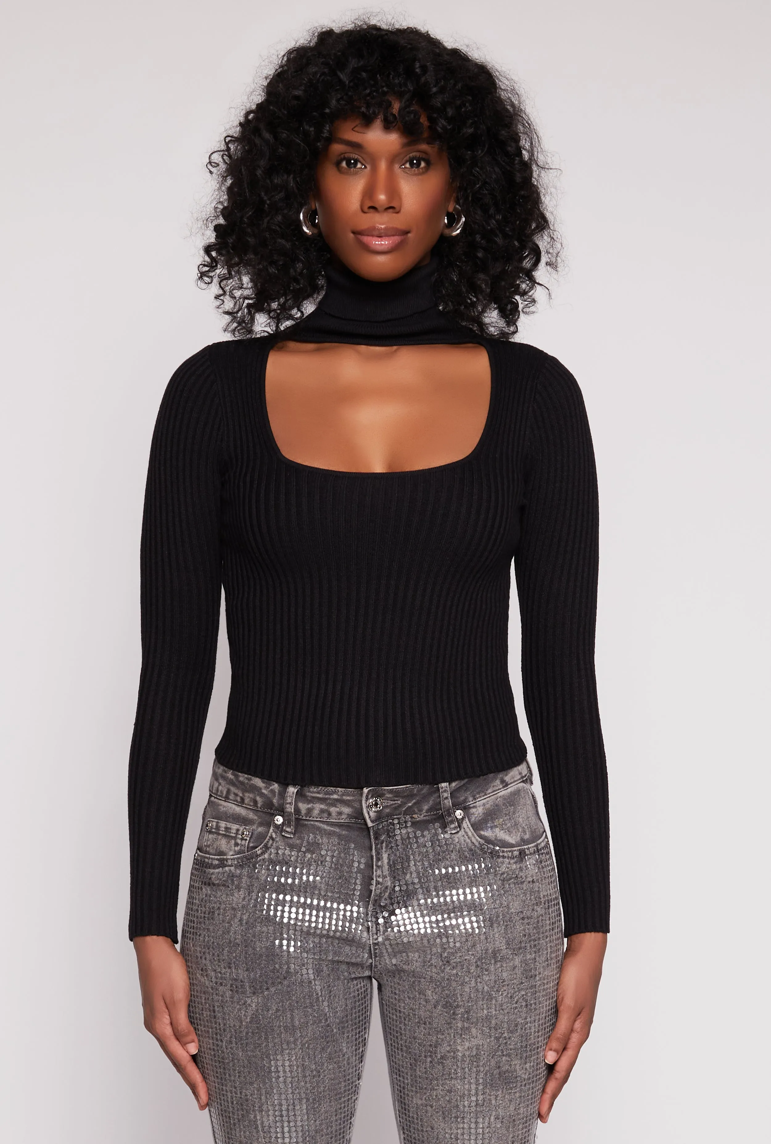 Ribbed Knit Cut Out Turtleneck Sweater sold by Rainbow product image thumbnail 2