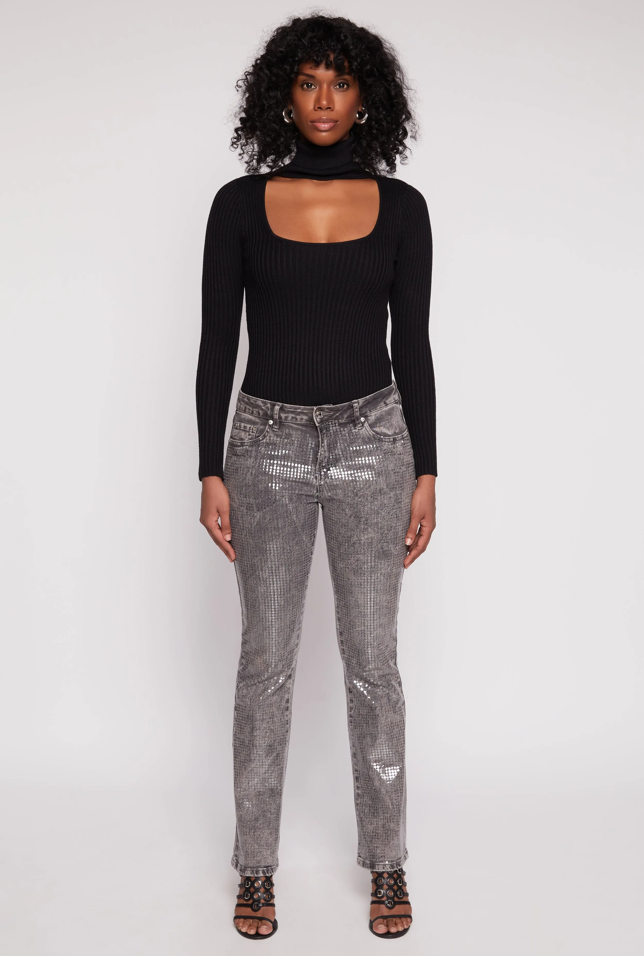 Ribbed Knit Cut Out Turtleneck Sweater sold by Rainbow