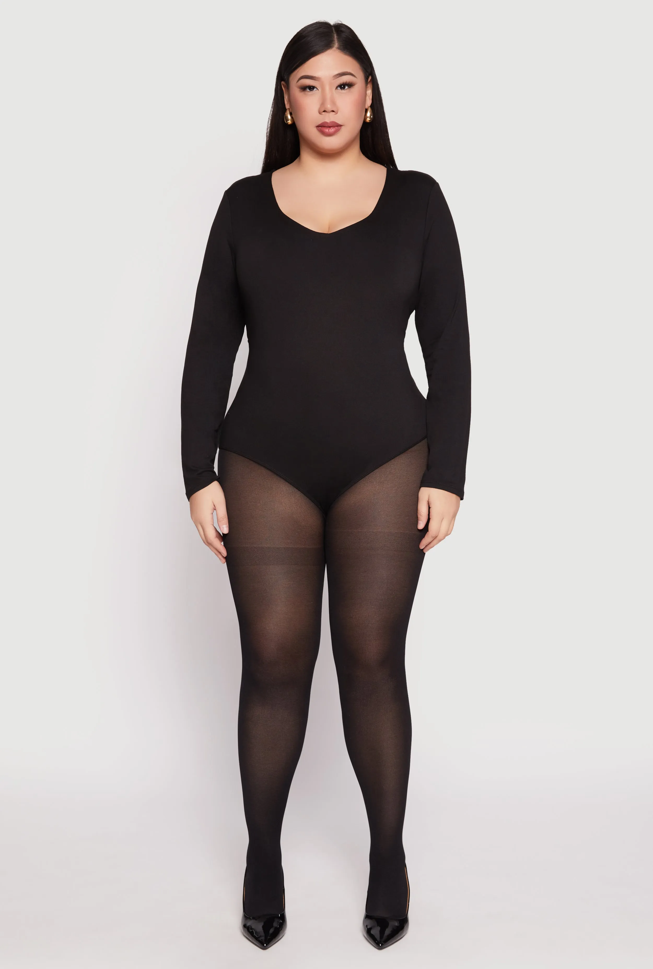 Plus Size Long Sleeve V Neck Bodysuit sold by Rainbow