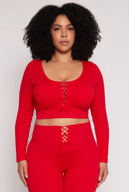 Plus Size Seamless Lace Up Long Sleeve Crop Top sold by Rainbow