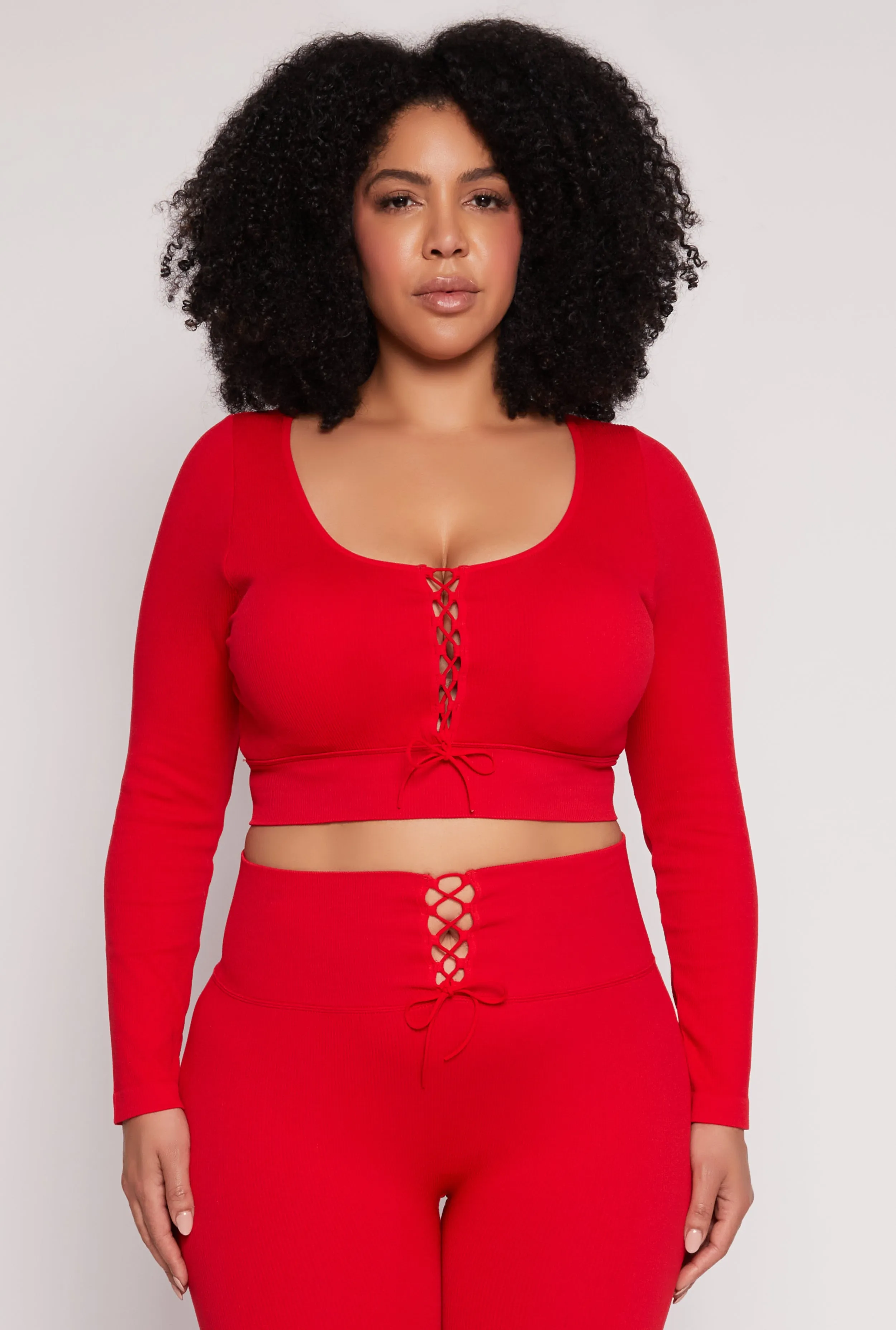 Plus Size Seamless Lace Up Long Sleeve Crop Top sold by Rainbow