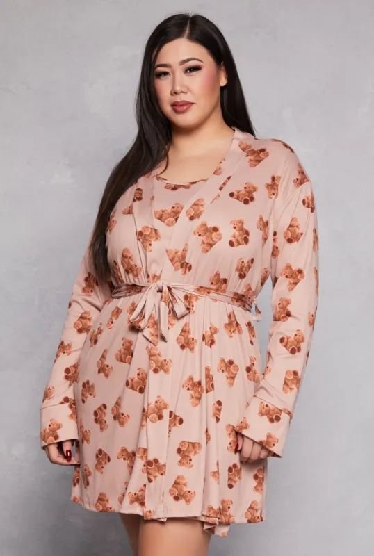 Plus Size Bear Print Cami Nightgown with Robe sold by Rainbow