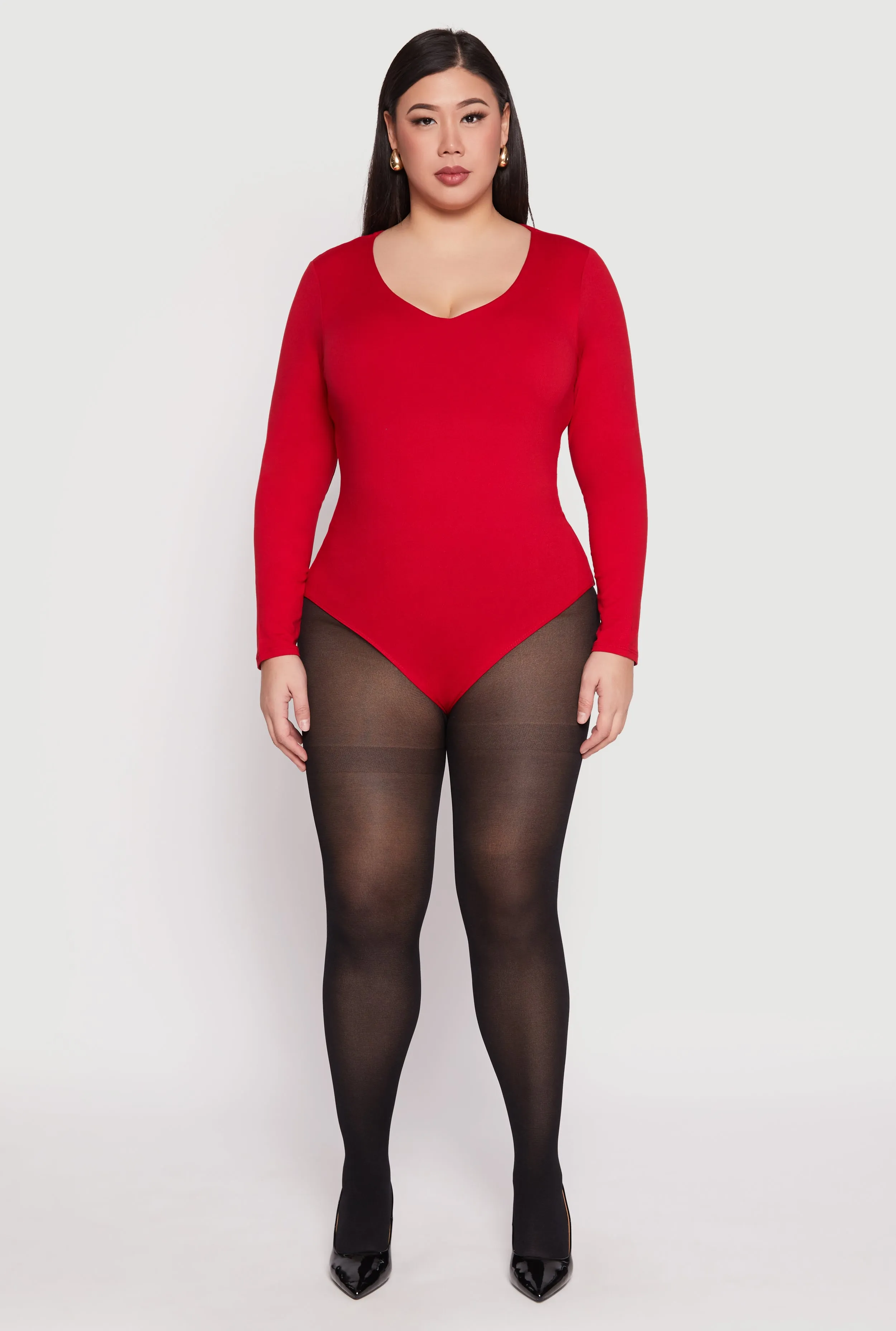 Plus Size Long Sleeve V Neck Bodysuit sold by Rainbow