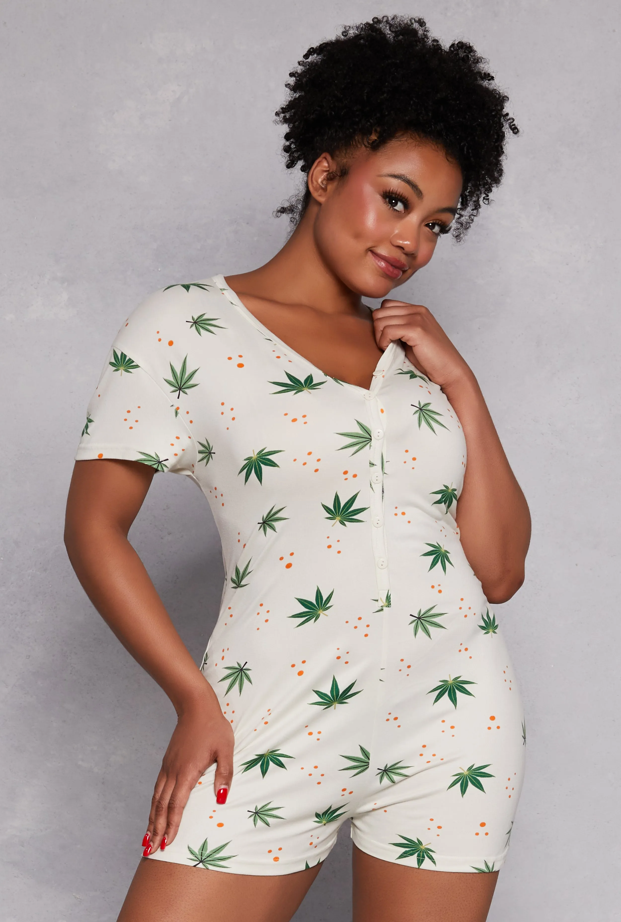 Plus Size Chill Leaf Graphic Pajama Romper sold by Rainbow product image thumbnail 2