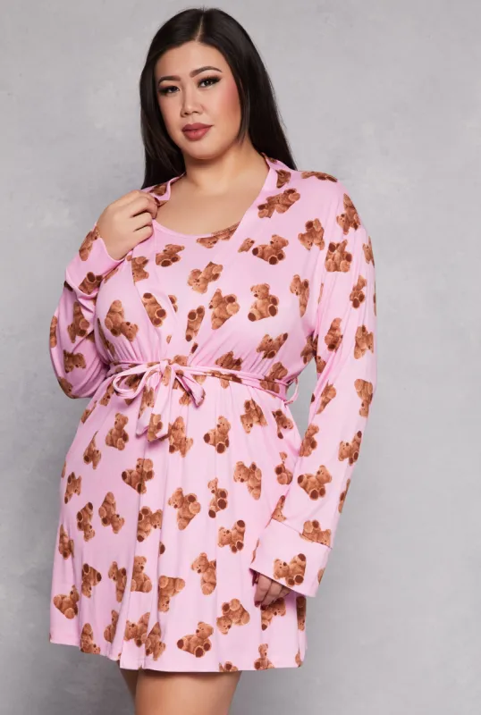 Plus Size Bear Print Cami Nightgown with Robe sold by Rainbow