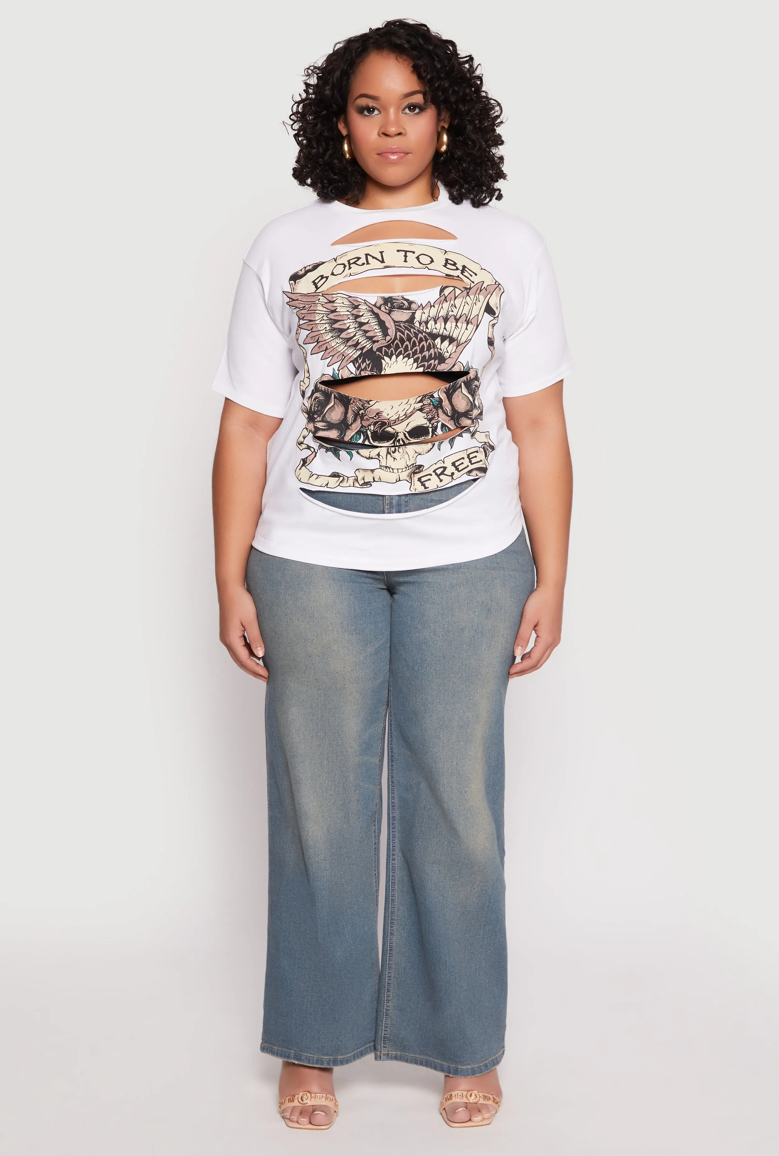 Plus Size Slashed Born To Be Free Tee sold by Rainbow