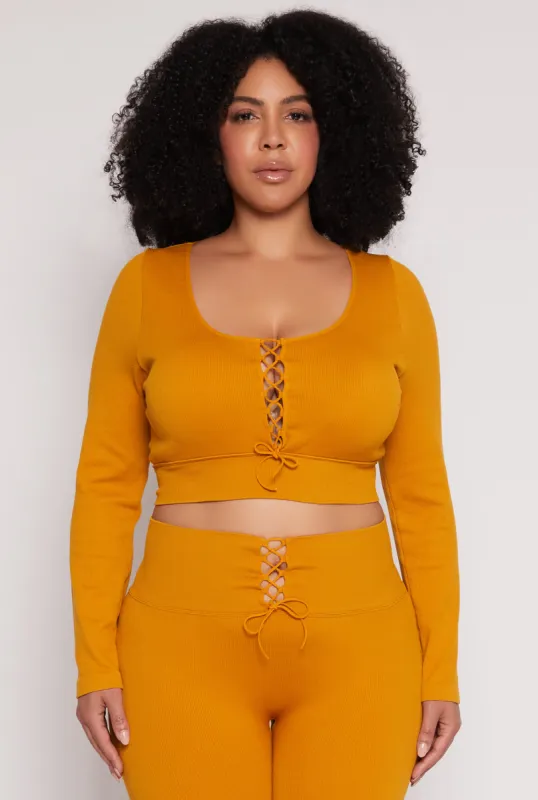 Plus Size Seamless Lace Up Long Sleeve Crop Top sold by Rainbow
