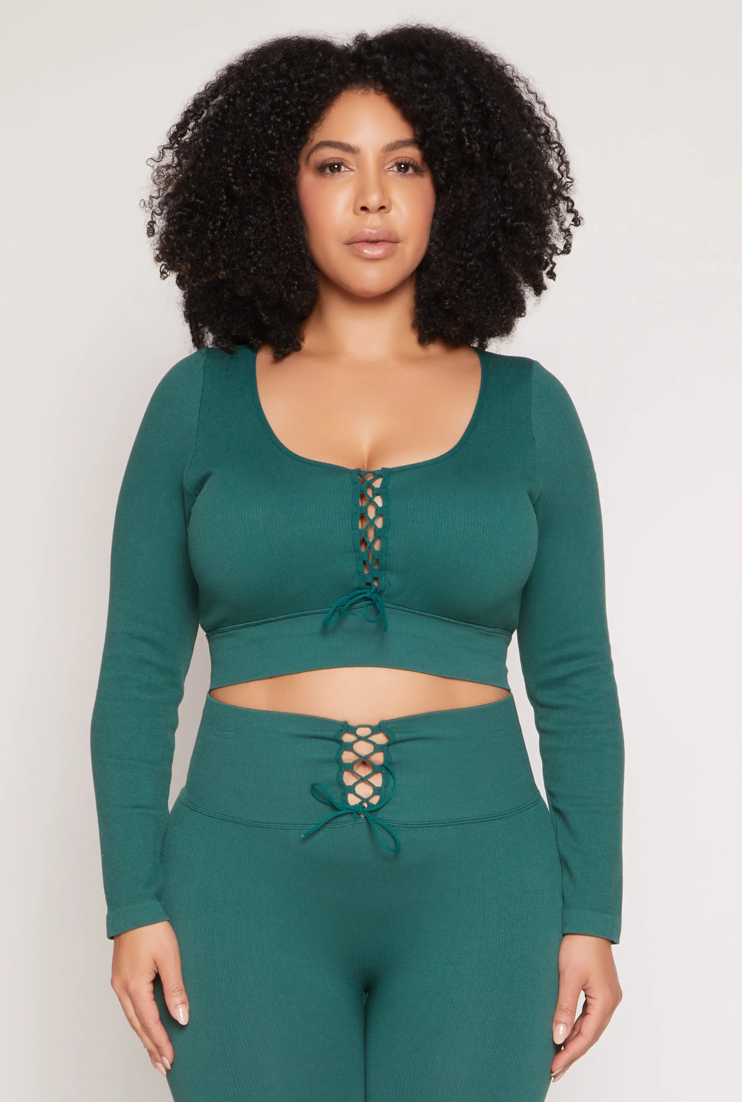 Plus Size Seamless Lace Up Long Sleeve Crop Top sold by Rainbow