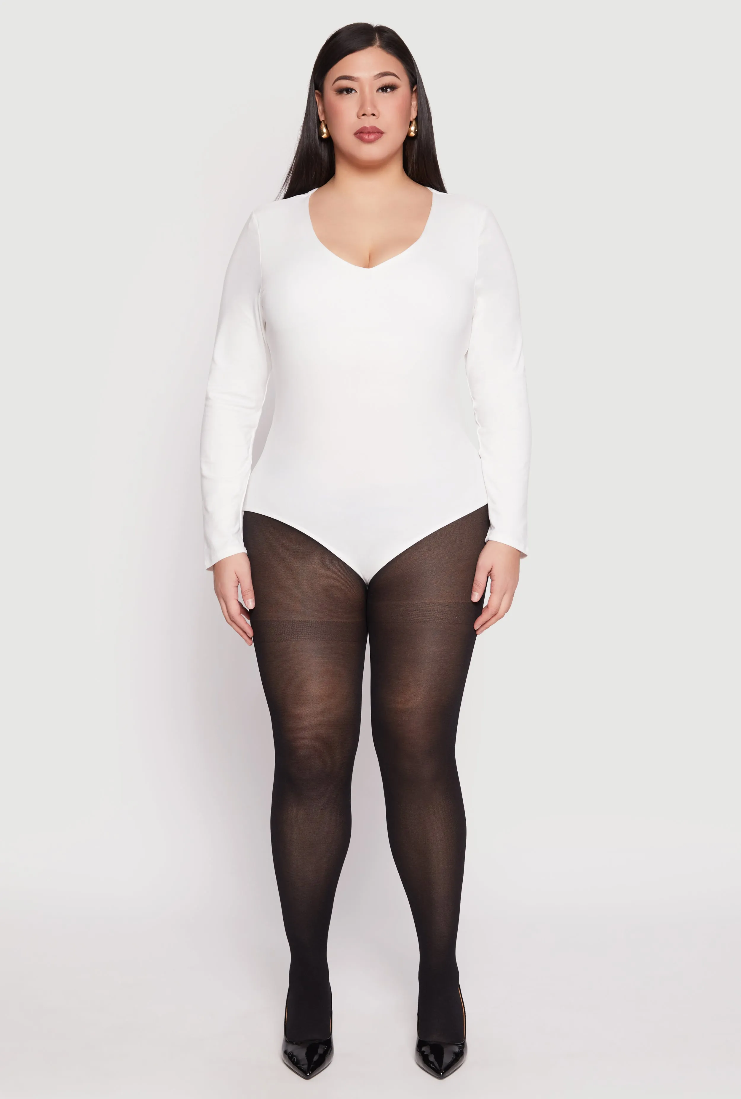 Plus Size Long Sleeve V Neck Bodysuit sold by Rainbow