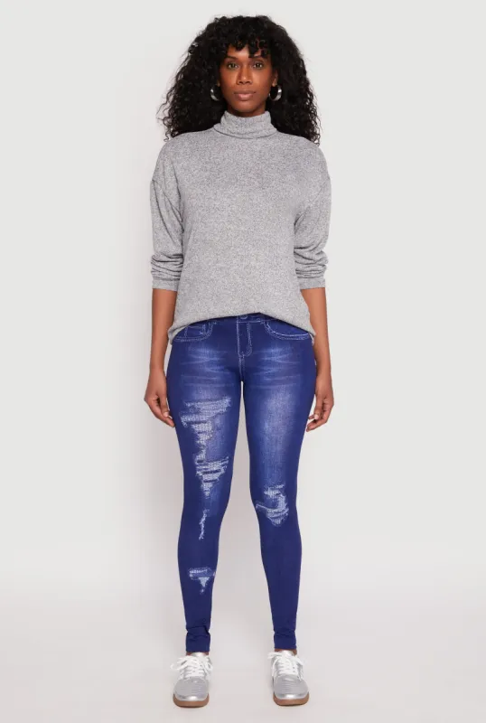 Distressed Denim Print Jeggings sold by Rainbow
