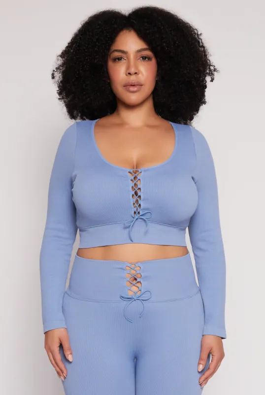 Plus Size Seamless Lace Up Long Sleeve Crop Top sold by Rainbow
