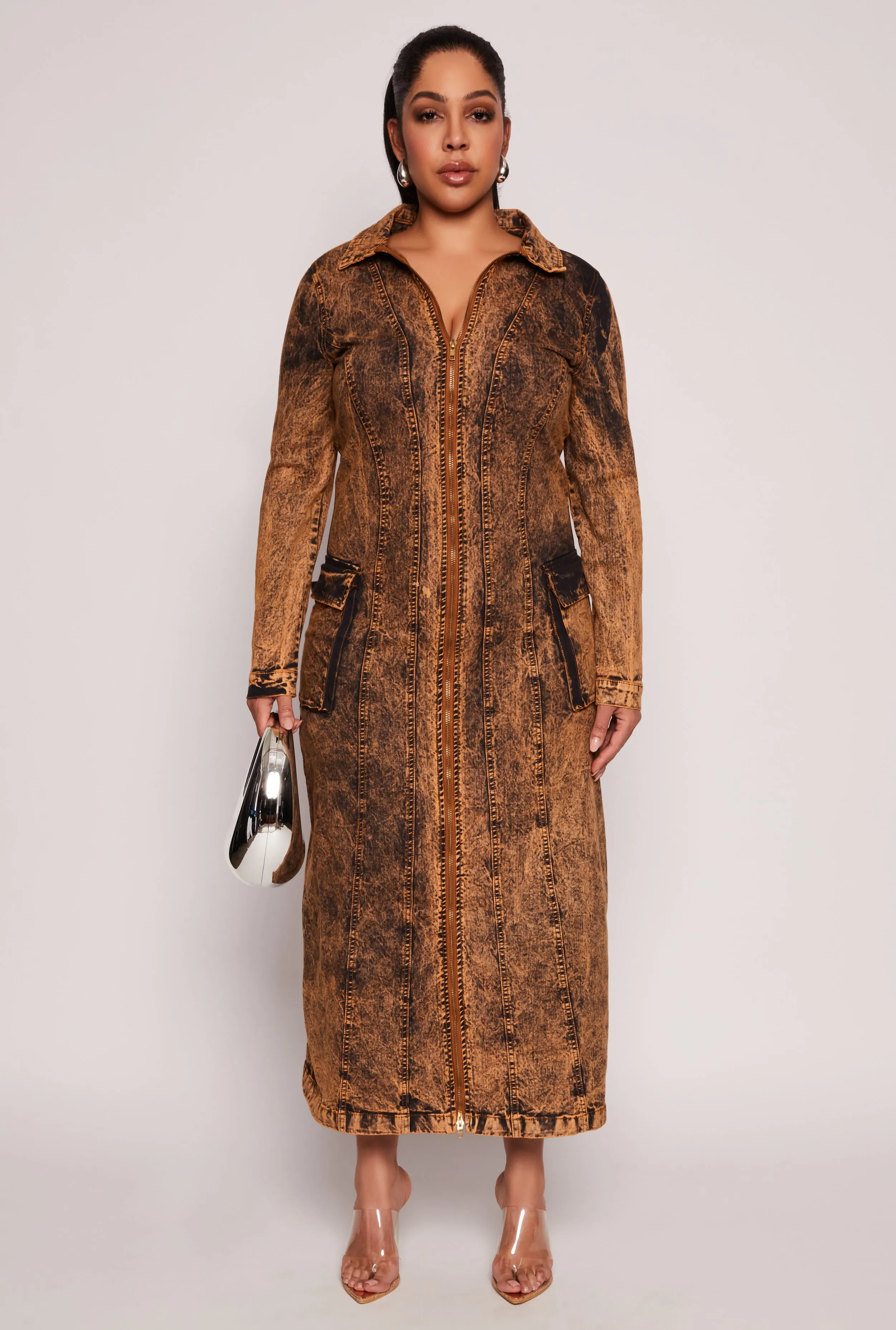 Plus Size Denim Acid Wash Zip Front Maxi Dress sold by Rainbow