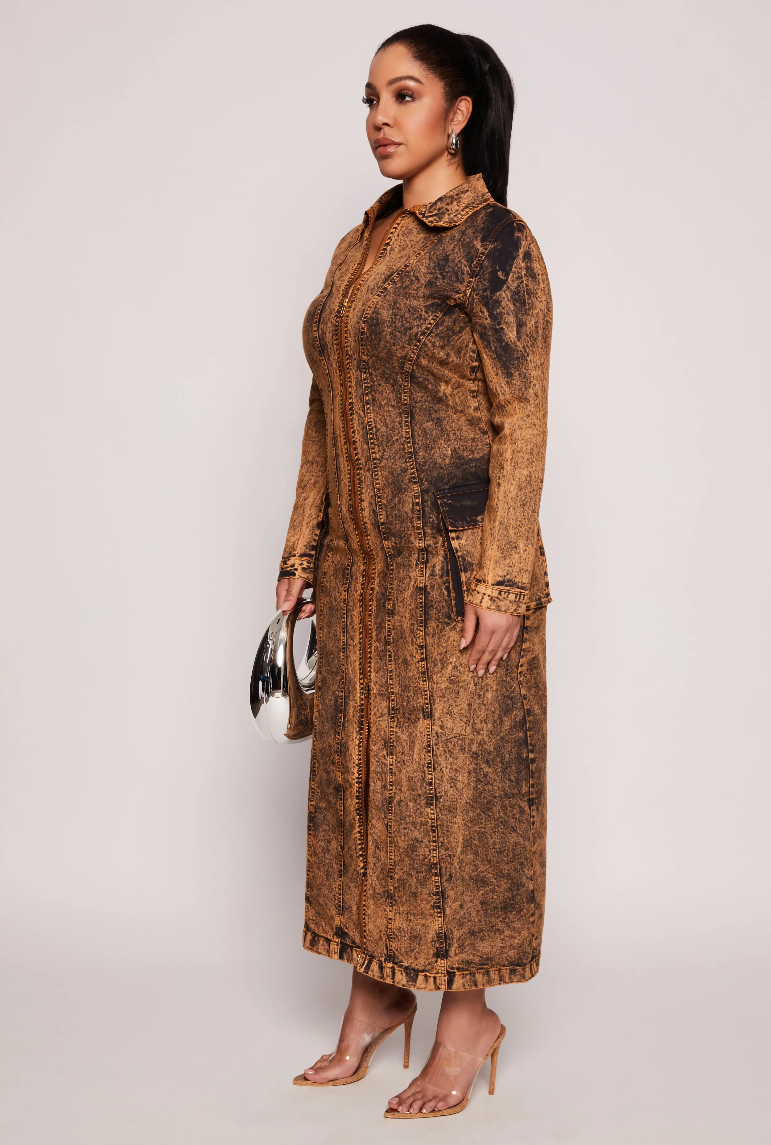 Plus Size Denim Acid Wash Zip Front Maxi Dress sold by Rainbow product image thumbnail 2