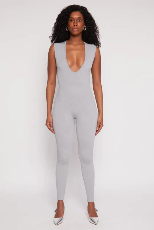 Seamless Ribbed Knit Plunge V Neck Catsuit sold by Rainbow