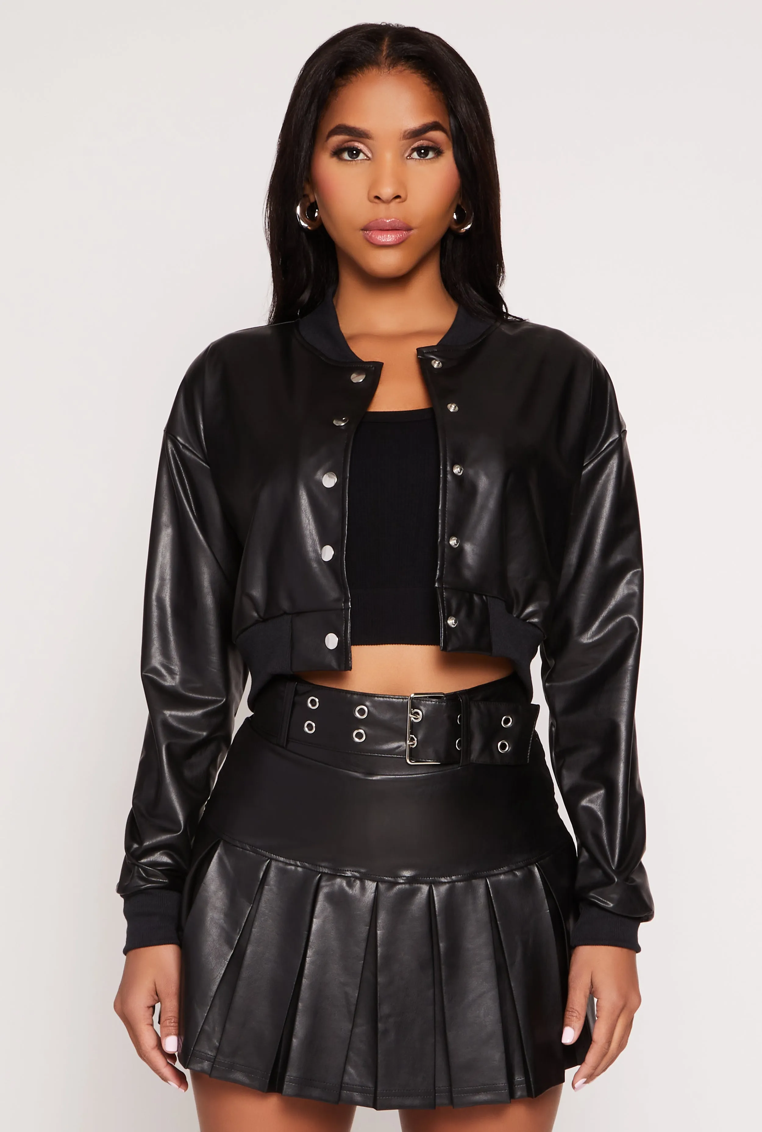 Faux Leather Cropped Bomber Jacket sold by Rainbow