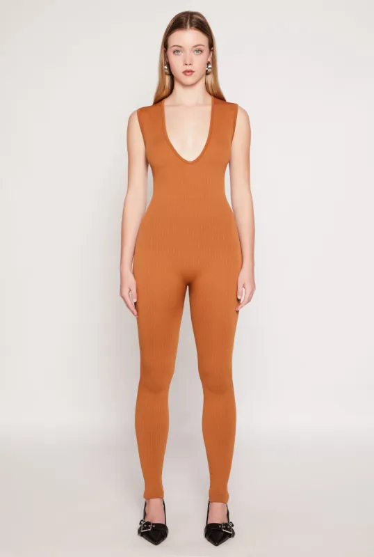Seamless Ribbed Knit Plunge V Neck Catsuit sold by Rainbow