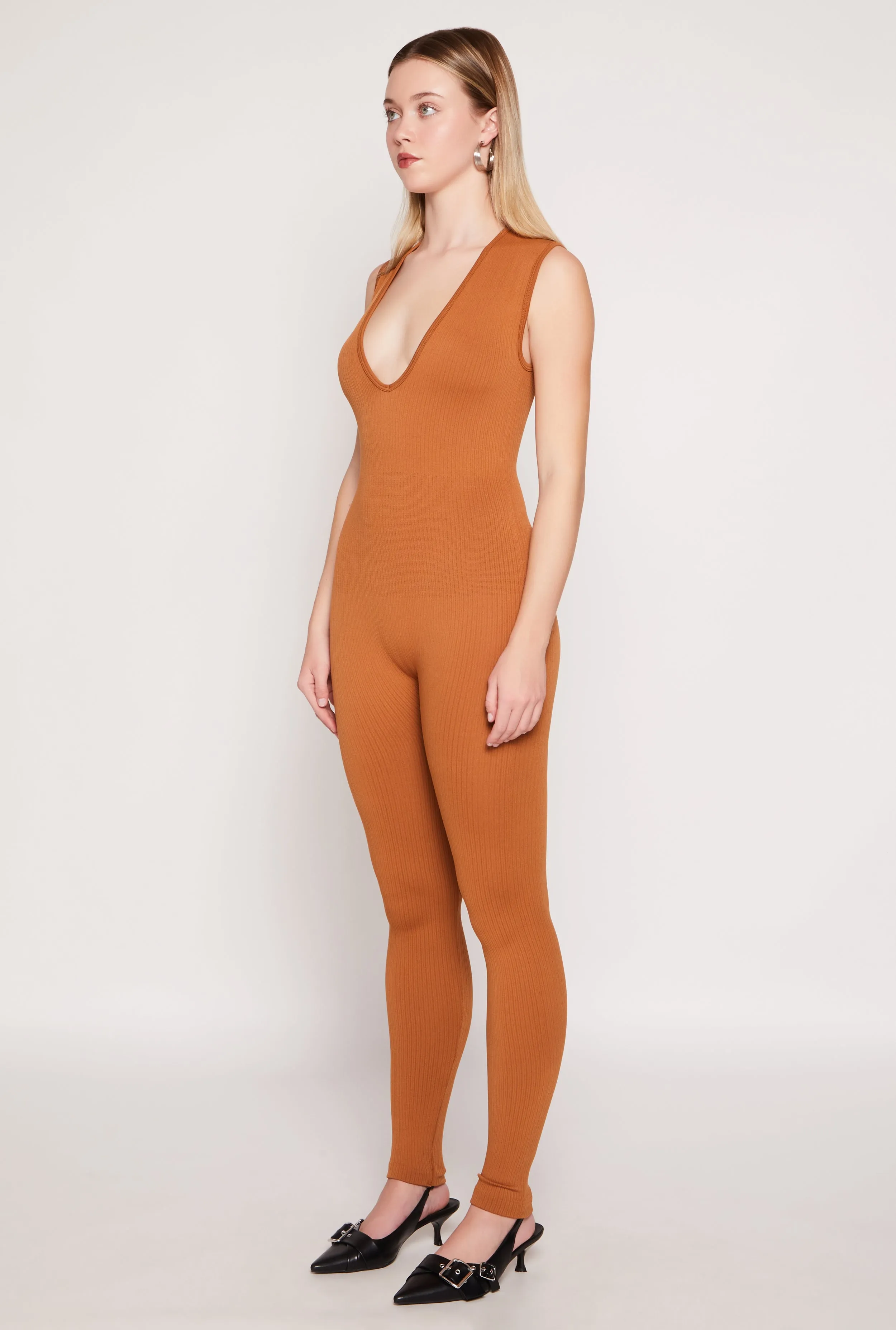 Seamless Ribbed Knit Plunge V Neck Catsuit sold by Rainbow product image thumbnail 2
