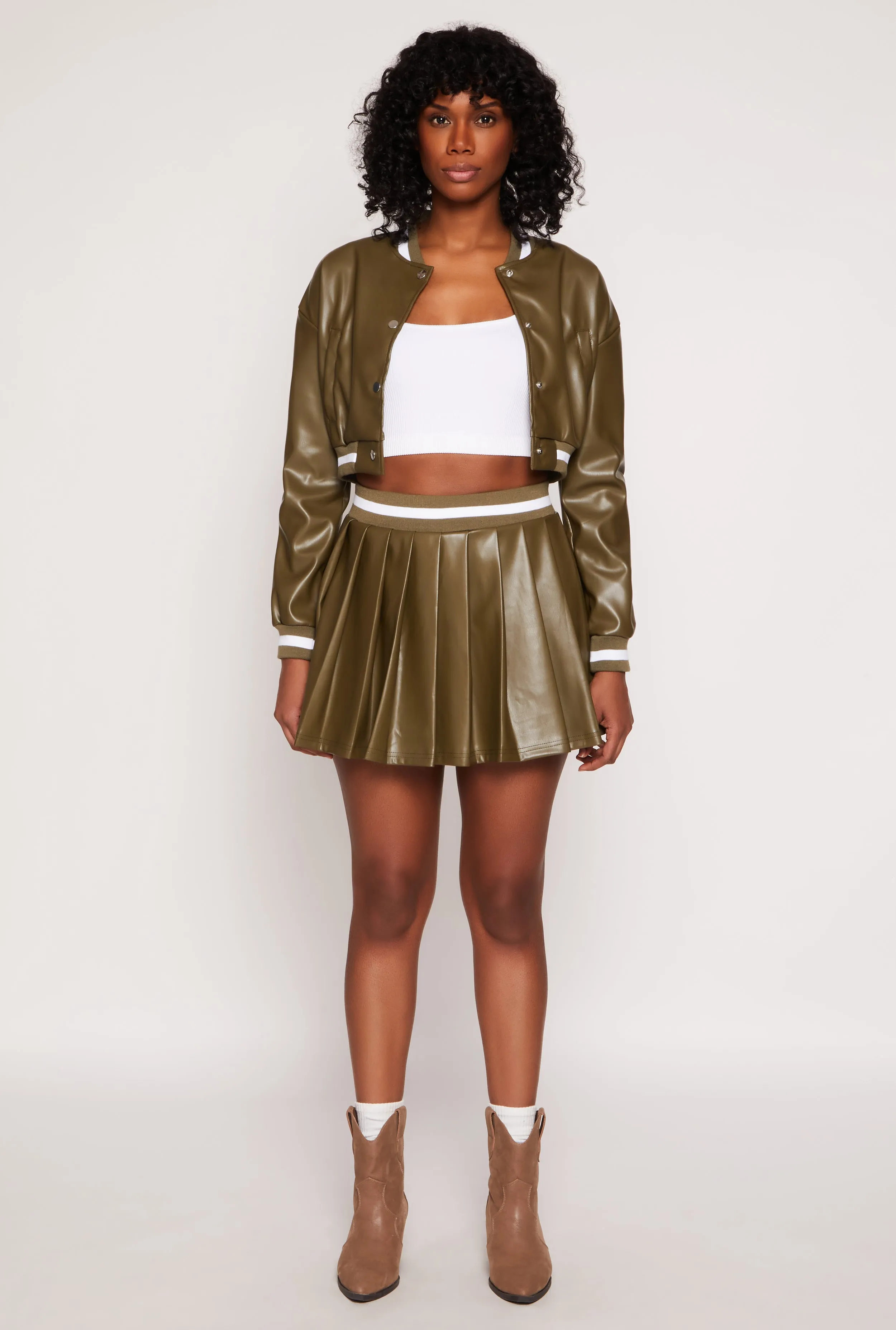 Faux Leather Varsity Stripe Pleated Skort sold by Rainbow