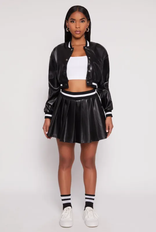Faux Leather Varsity Stripe Pleated Skort made by Rainbow