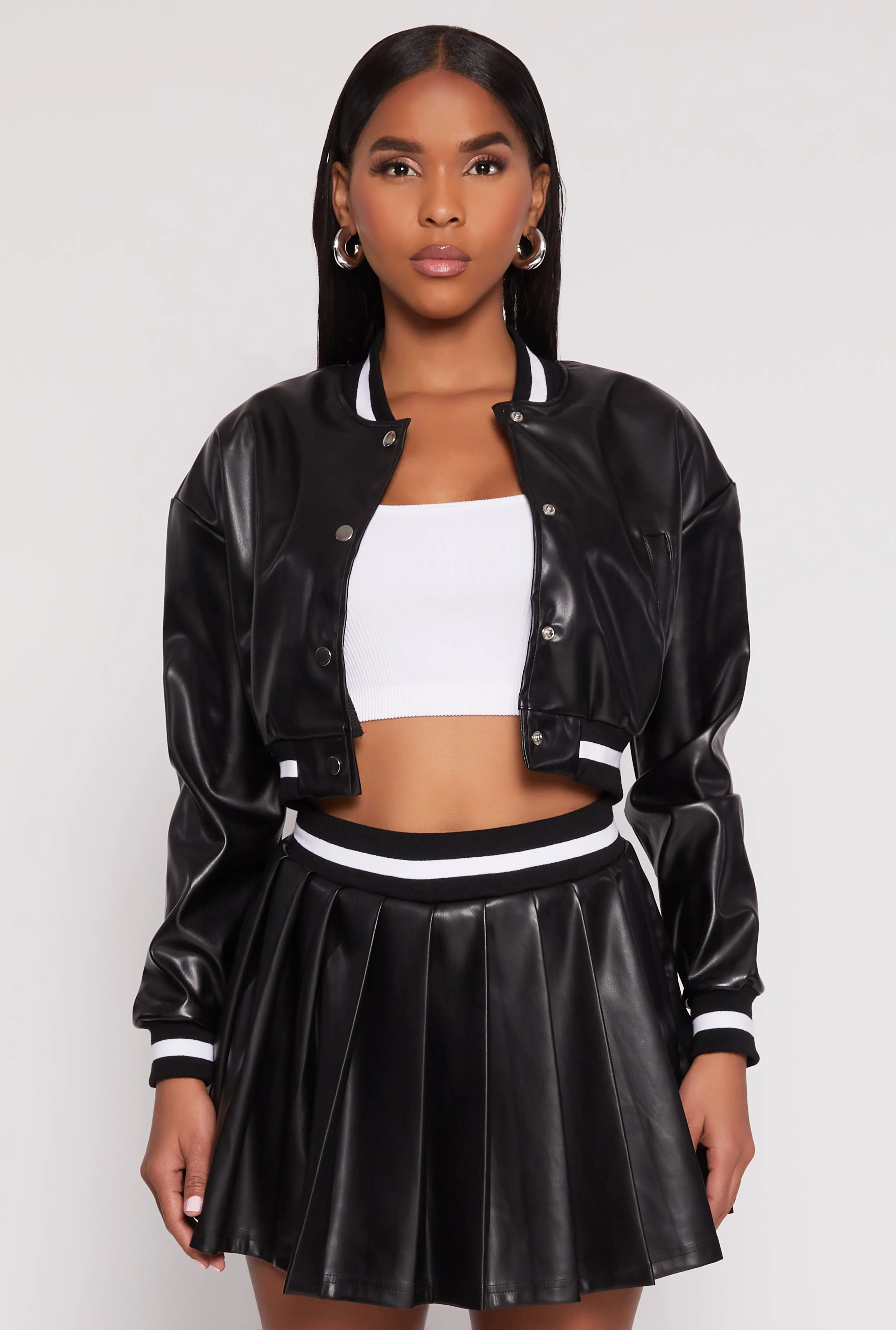 Faux Leather Cropped Bomber Jacket sold by Rainbow