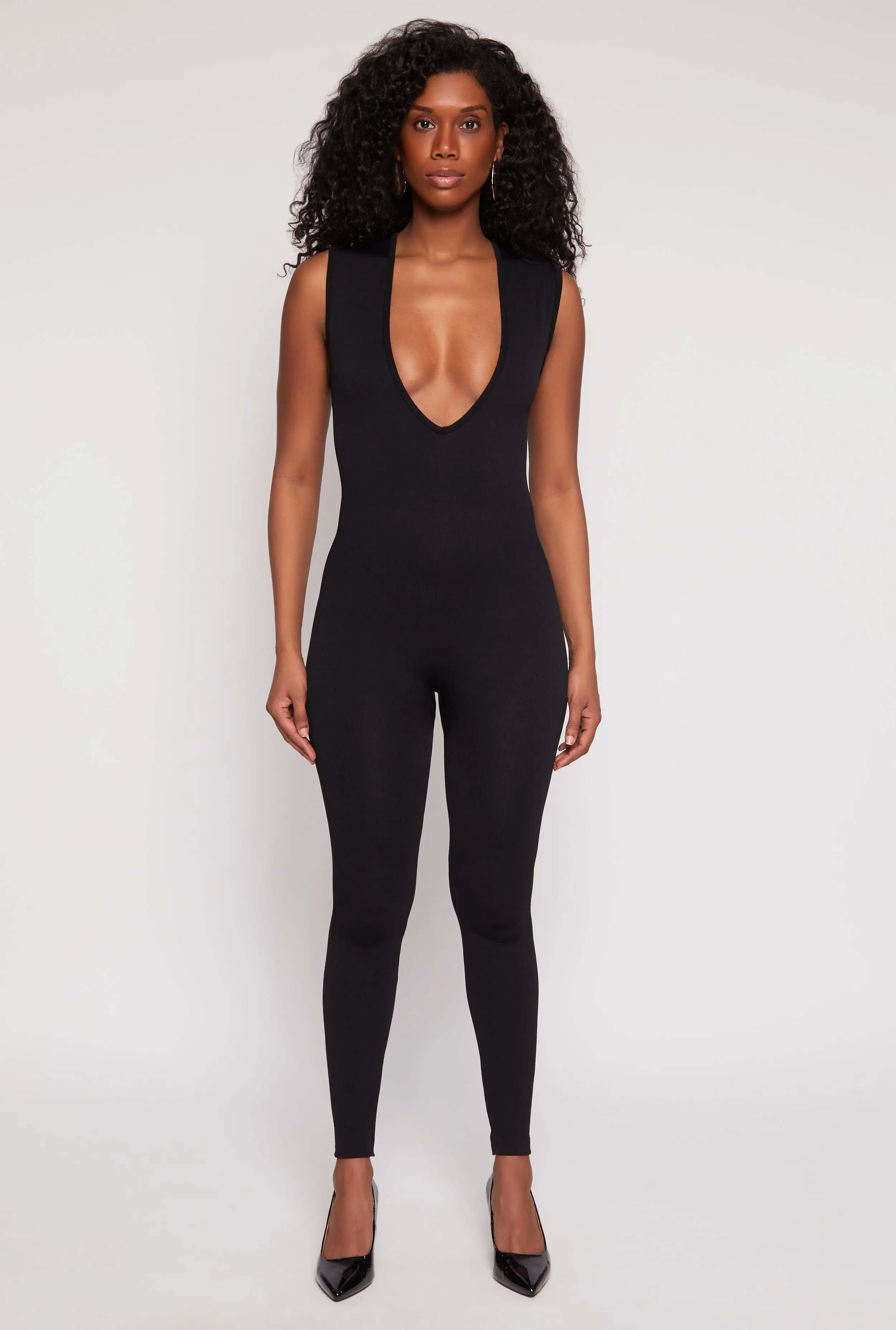 Seamless Ribbed Knit Plunge V Neck Catsuit sold by Rainbow