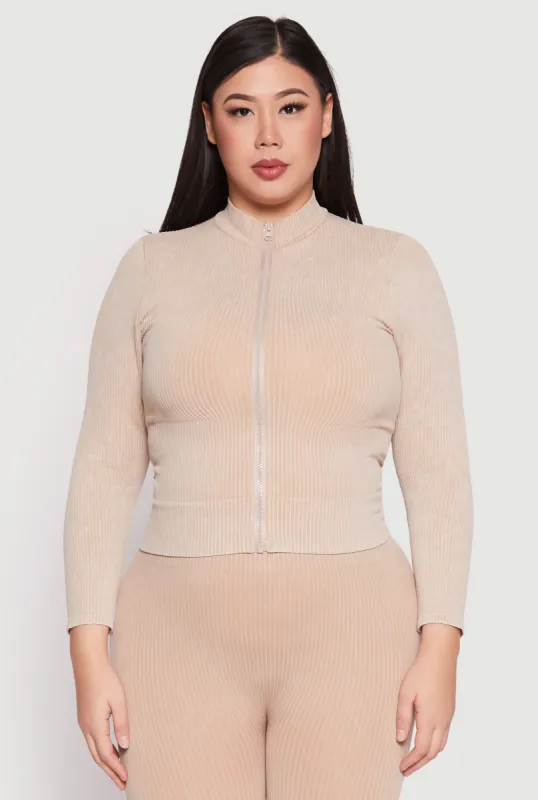 Plus Size Seamless Acid Wash Zip Front Top made by Rainbow