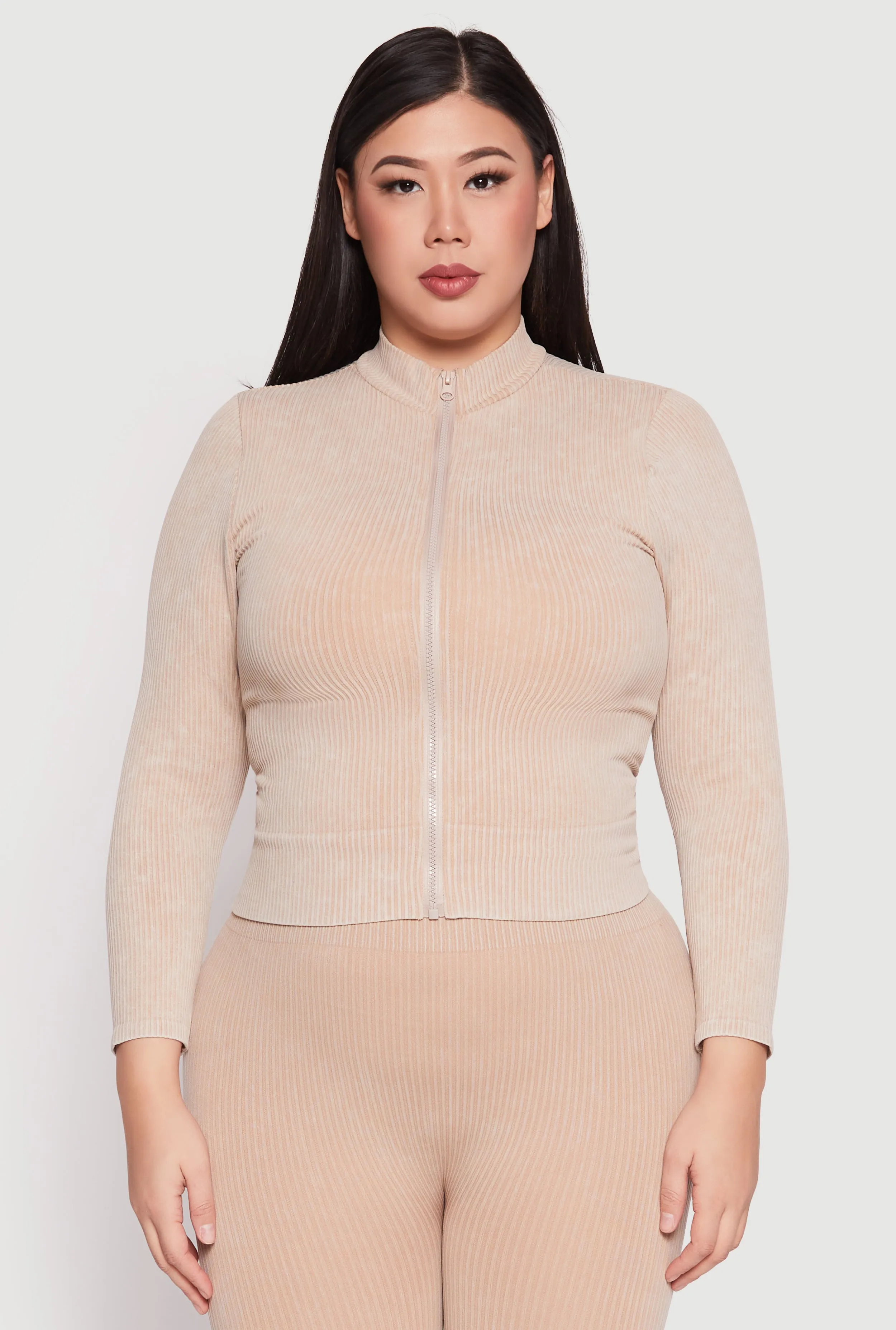 Plus Size Seamless Acid Wash Zip Front Top sold by Rainbow