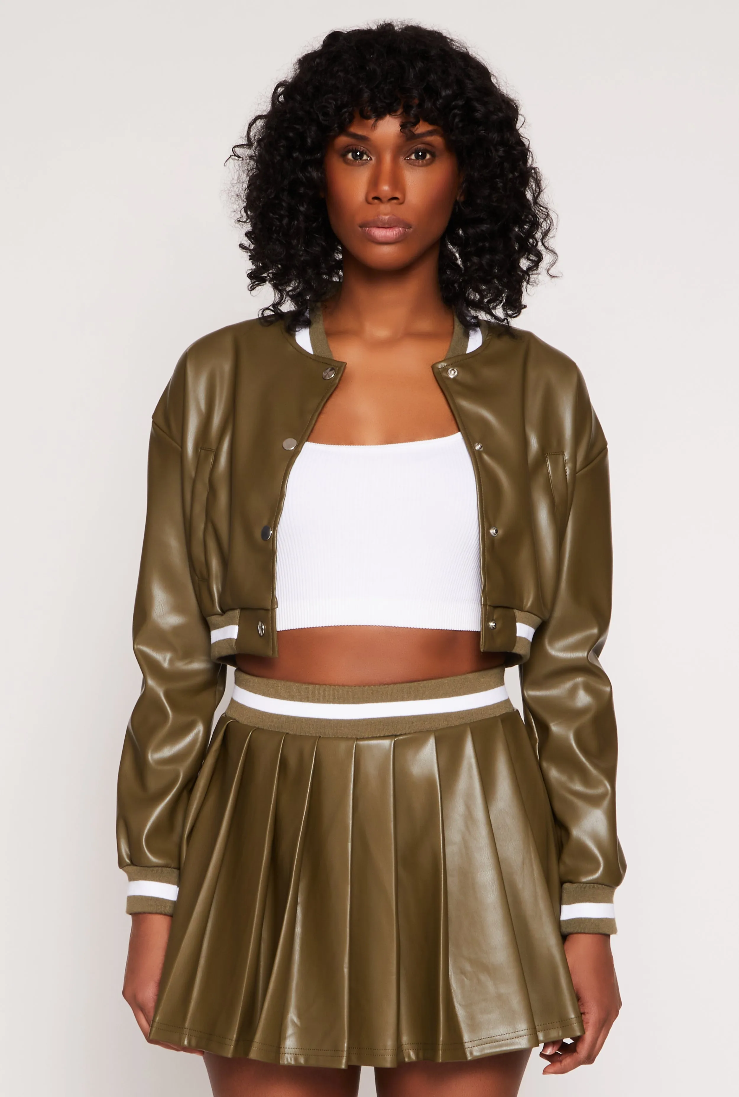 Faux Leather Cropped Bomber Jacket sold by Rainbow