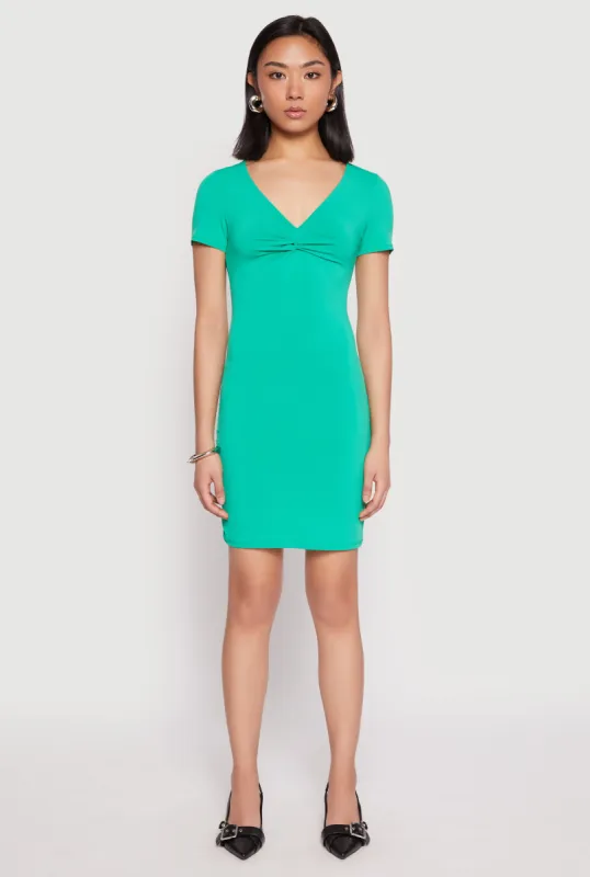 Crepe Knit V Neck Twist Front Mini Dress sold by Rainbow