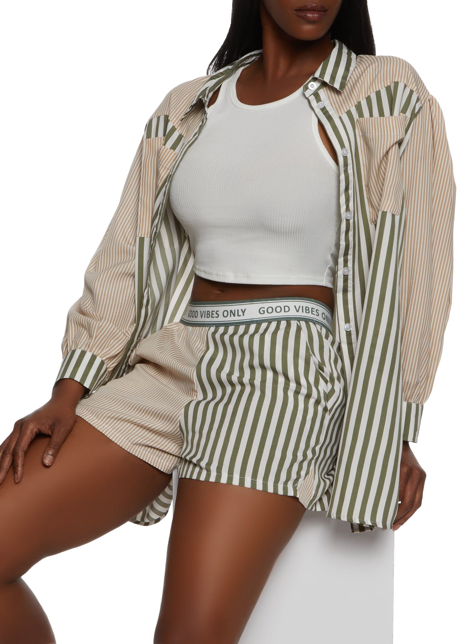 Oversized Color Block Striped Button Front Shirt sold by Rainbow