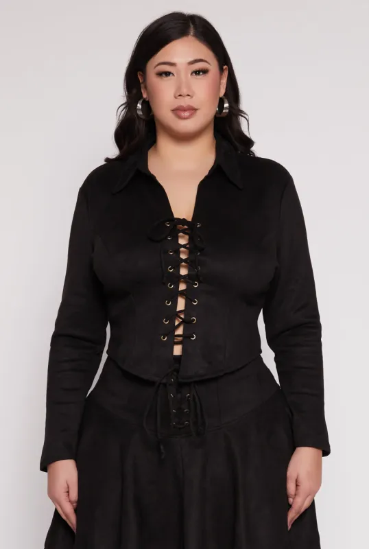 Plus Size Faux Suede Lace Up Top made by Rainbow