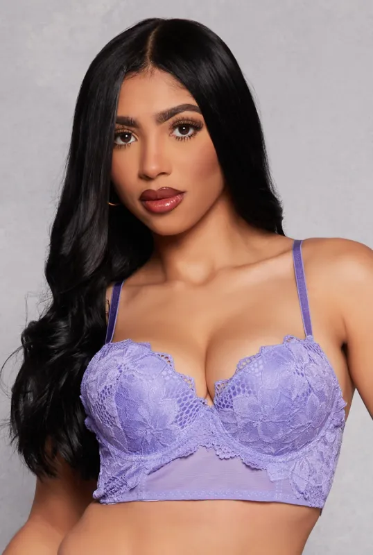 Floral Lace Mesh Insert Longline Plunge Bra sold by Rainbow