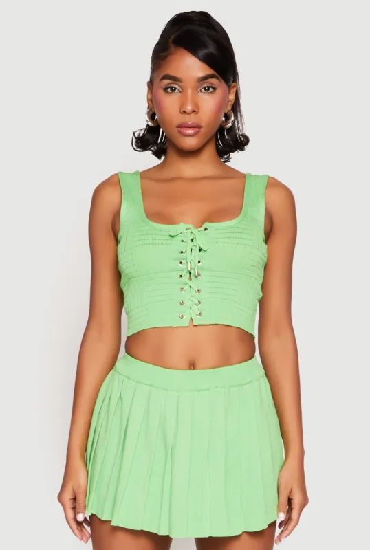 Textured Knit Pointelle Lace Up Crop Top sold by Rainbow