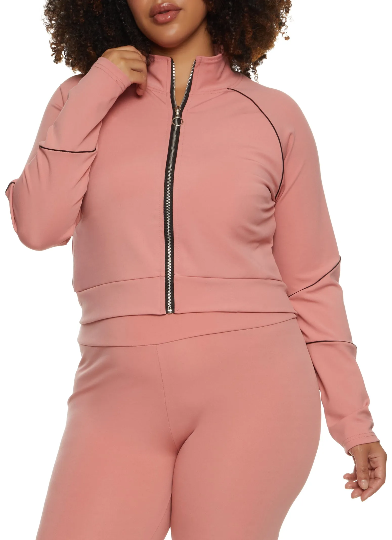 Plus Size Zip Front Contrast Piping Track Jacket sold by Rainbow