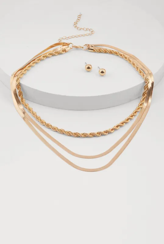 Assorted Metallic Layered Necklace and Stud Earrings sold by Rainbow