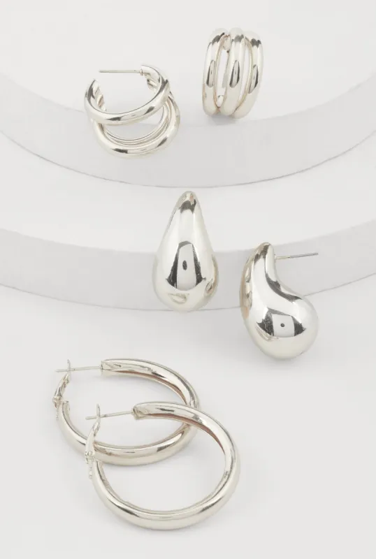 Assorted Metallic Drop and Hoop Earrings Set of 3 sold by Rainbow