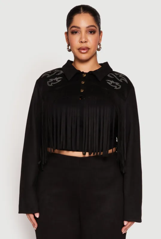 Plus Size Faux Suede Fringe Cropped Jacket sold by Rainbow