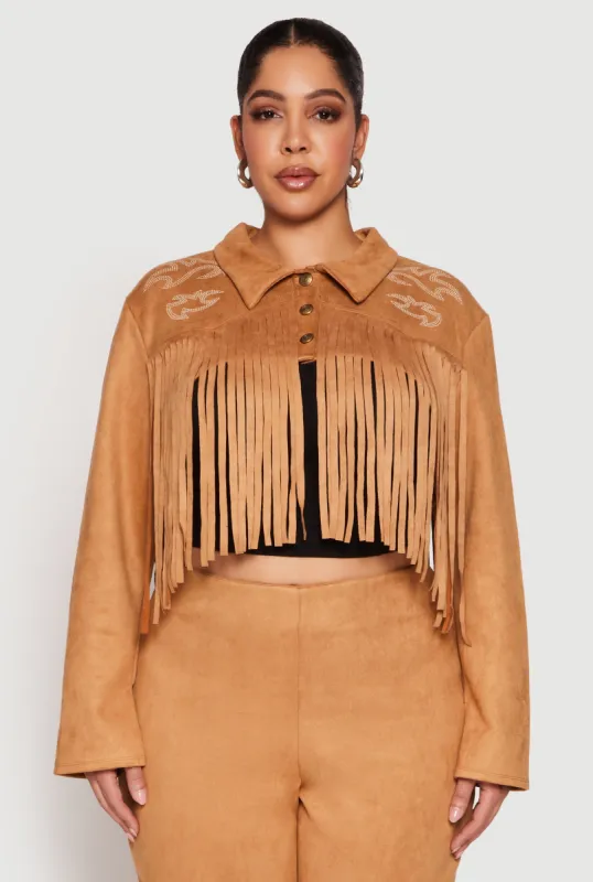 Plus Size Faux Suede Fringe Cropped Jacket sold by Rainbow